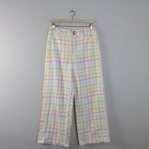 Modcloth Women's Wide Leg Pants 8 Ivory Linen Viscose Rainbow Plaid Preppy 306